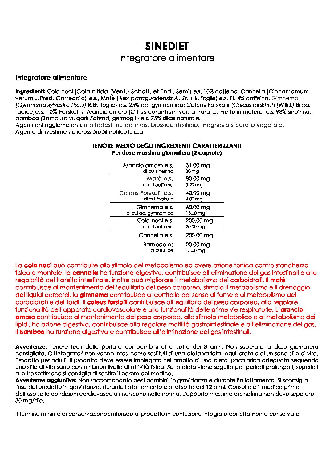 Claims per bugiardino SINEDIET